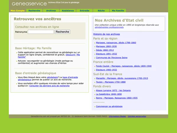 Page d'accueil de GeneaService