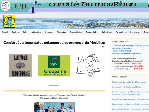 Page d'accueil de Pétanque en Morbihan, CD56 FFPJP