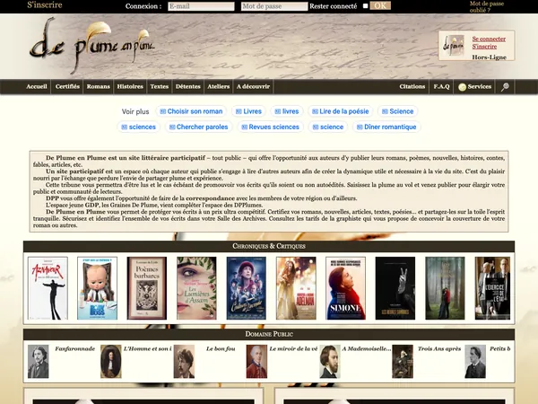 Page d'accueil de De Plume en Plume